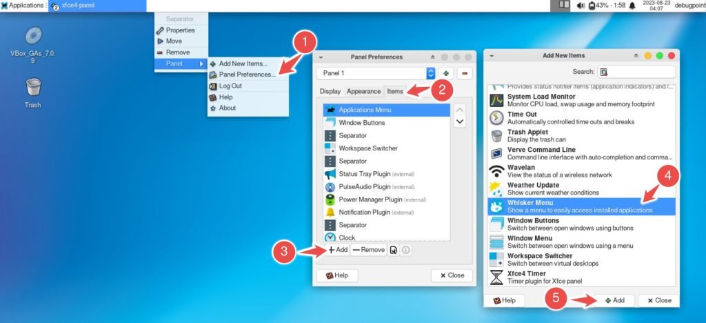Adding Whisker Menu plugin to Xfce panel preferences