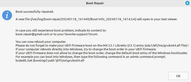Boot repair success