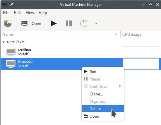 delete virtual machine using virt-manager
